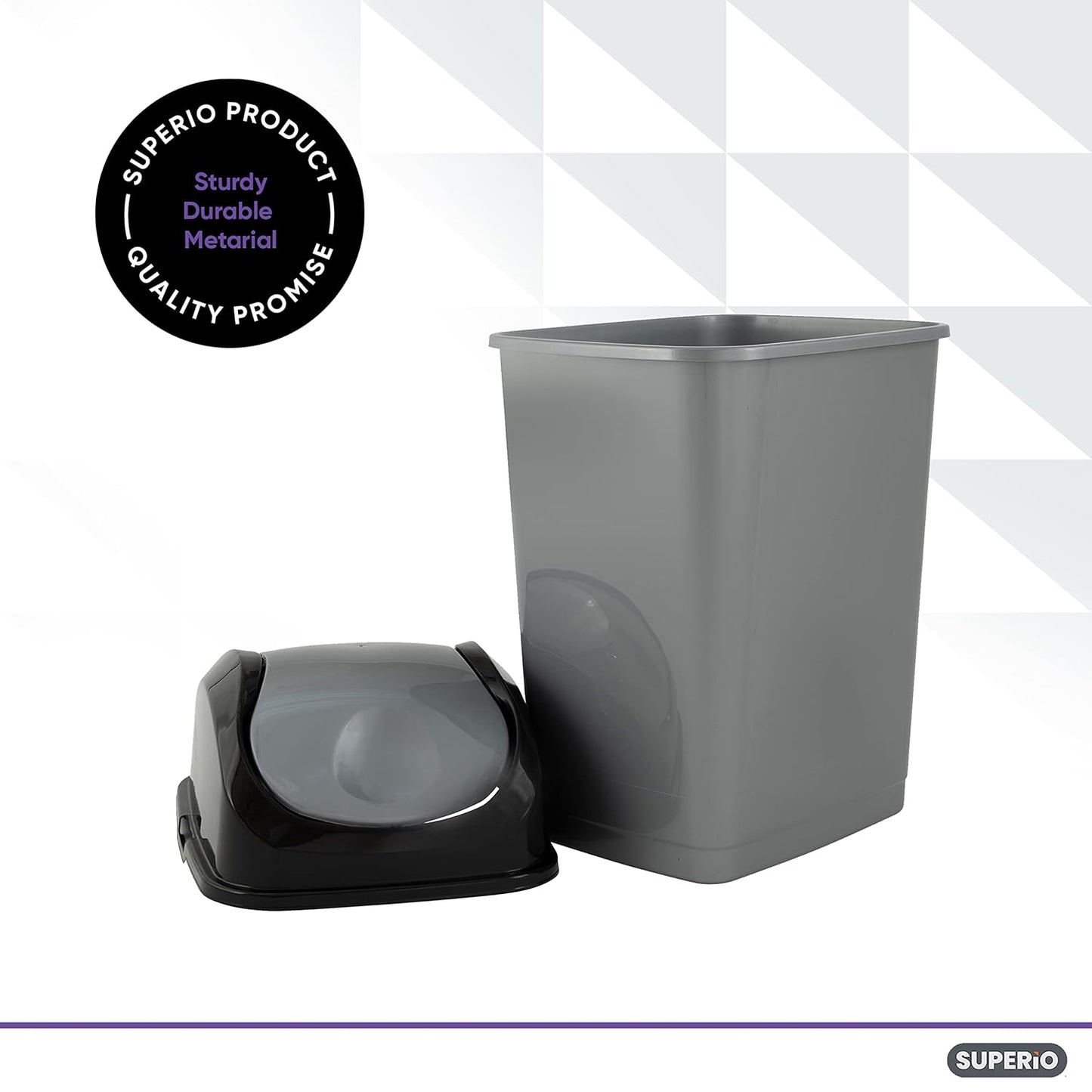 Superio Small 2.5 Gallon Plastic Trash Can with Swing Top Lid, Compact Slim Waste Bin for Under Desk, Office, Bedroom, Bathroom, Dorm Room, 10 Qt. Portable Garbage Can (Grey/Black)