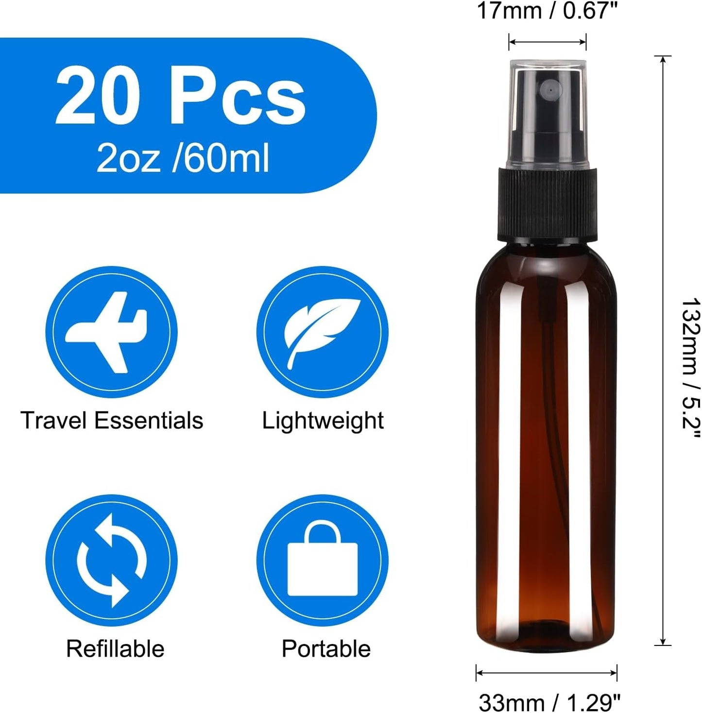 uxcell 20 Pack Spray Bottles, 2Oz/60ML Reusable Clear Empty Mist Plastic Mini Travel Bottle Set,Small Refillable Liquid Containers for Household Use, Essential Oil, Cleaning (Brown Black)