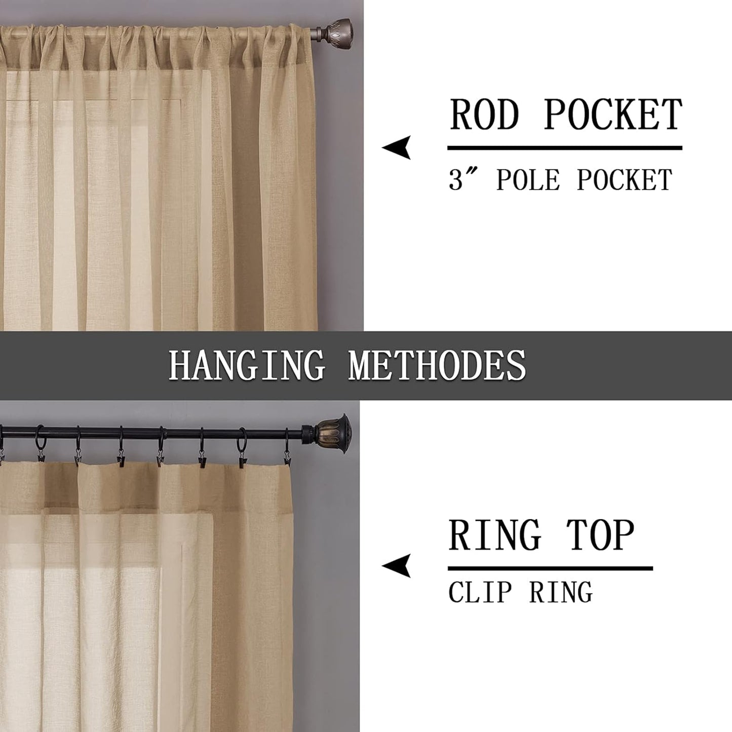 Tollpiz Sheer Curtains Bedroom Linen Textured Curtain Sheers Light Filtering Voile Rod Pocket Curtains for Living Room, 38 x 84 inches Long, Beige, Set of 2 Panels