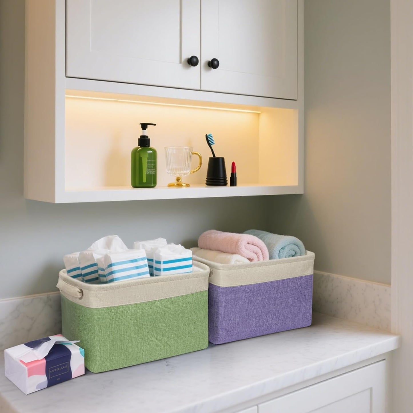 BALEINE 1 Pack Fabric Storage Bins for Shelves, Linen Storage Baskets for Organizing, Decorative Closet Bins for Clothes, Home (Lavender, 12"x8"x8")