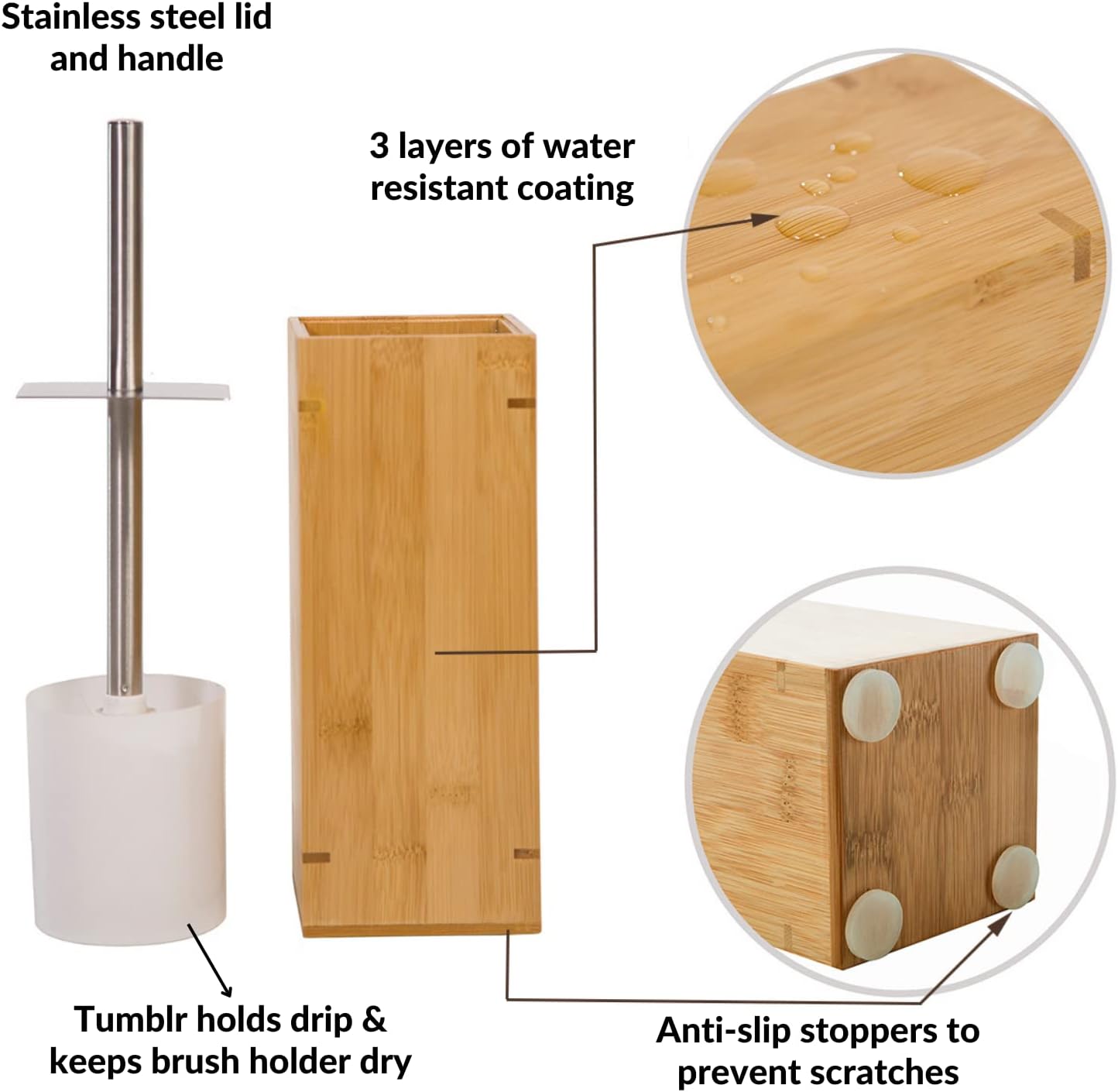 GOBAM Bamboo Toilet Bowl Cleaner with Holder for All Toilet Types - Hidden Stainless Steel Toilet Brush - Bathroom Cleaning Brushes - Toilet Accessories - Natural