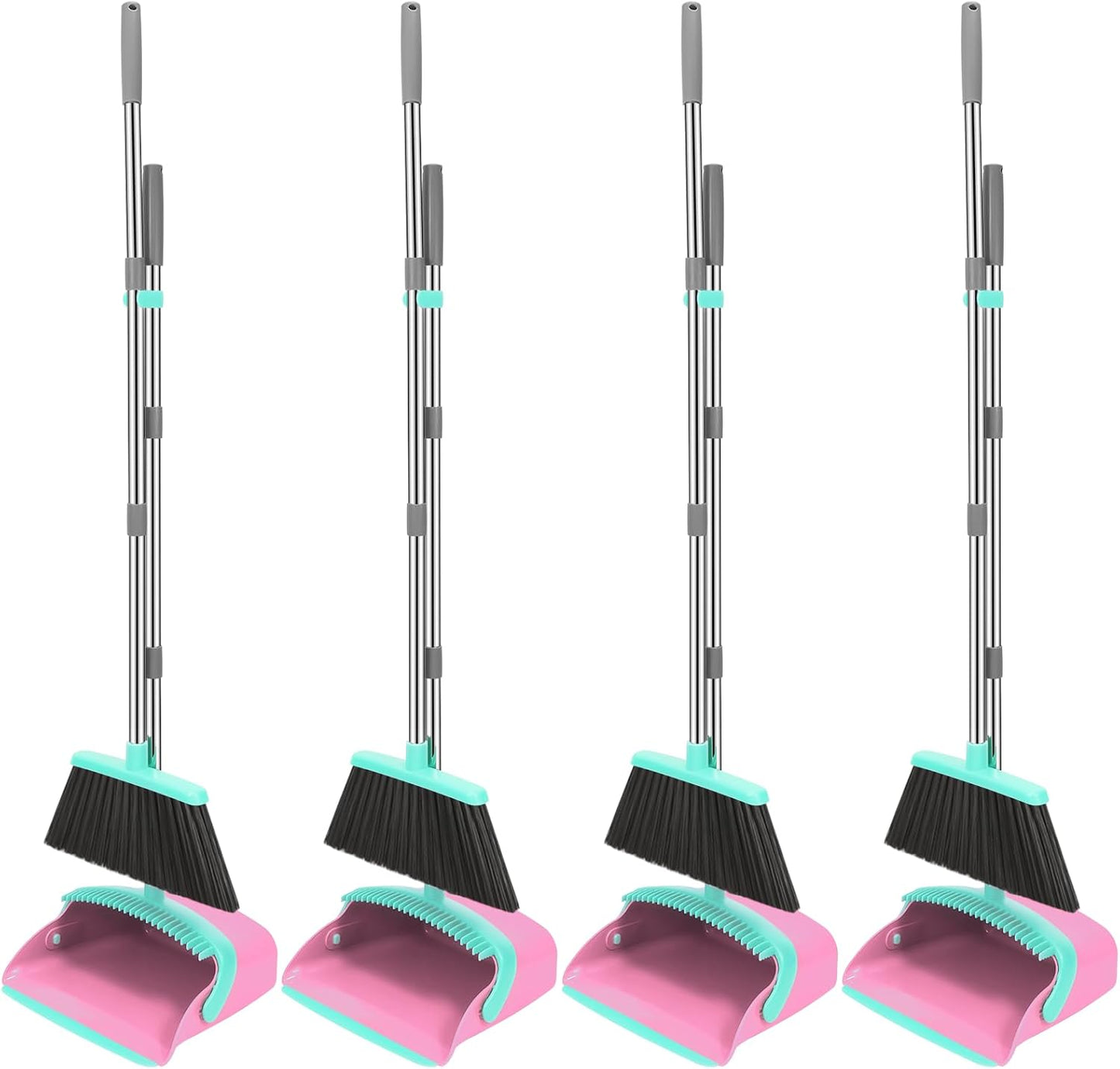 NACENA Broom and Dustpan Set, 52-in Long Adjustable Handle Broom Dustpan Combo with Dustpan Teeth to Automatically Clean Hair Suitable for Home Kitchen Office Hall Floor (Pink&Blue), 4 Pack