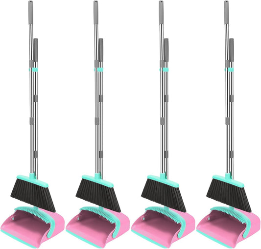 NACENA Broom and Dustpan Set, 52-in Long Adjustable Handle Broom Dustpan Combo with Dustpan Teeth to Automatically Clean Hair Suitable for Home Kitchen Office Hall Floor (Pink&Blue), 4 Pack