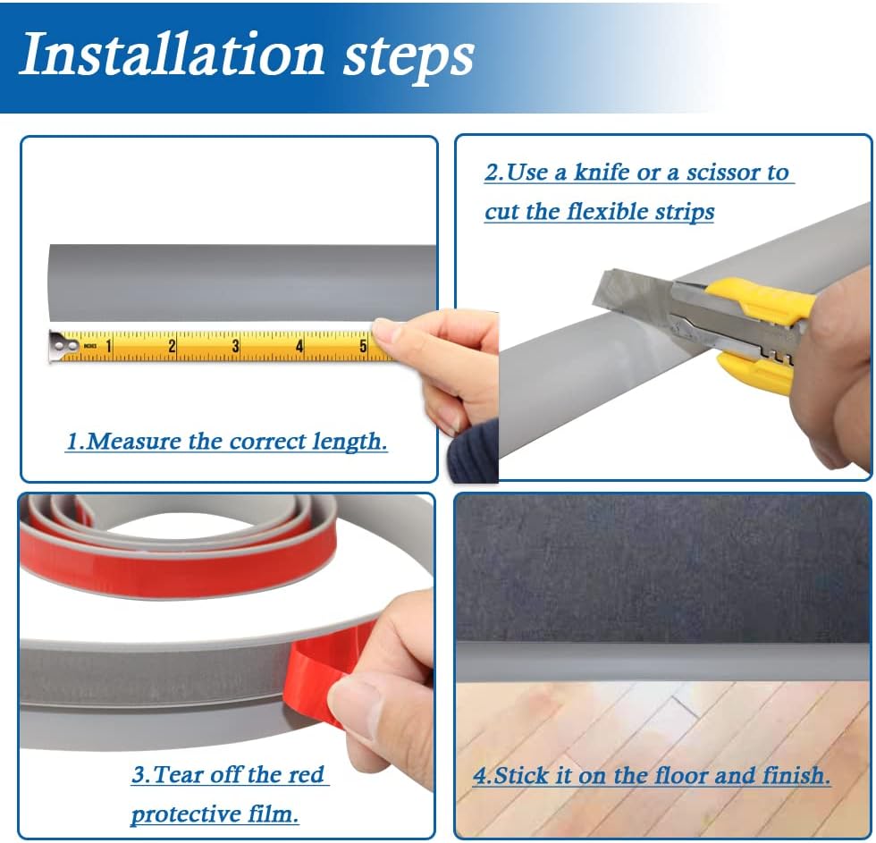 Floor Transition Strip Self Adhesive Carpet & Flooring Transitions Edging Trim Strip PVC Threshold Transitions Suitable for Threshold Height Less Than 5mm (3.3Ft, Gray)