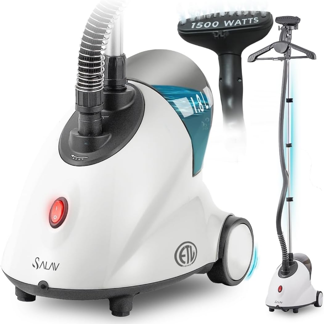 SALAV GS18 Full-Size Clothes Steamer - 1500W Power, 1.8L Water Tank, 60-Min Garment Steam, Iron Clothing, Adjustable Pole & Wheels for Easy Storage, Professional Standing Steamer for Clothes, White