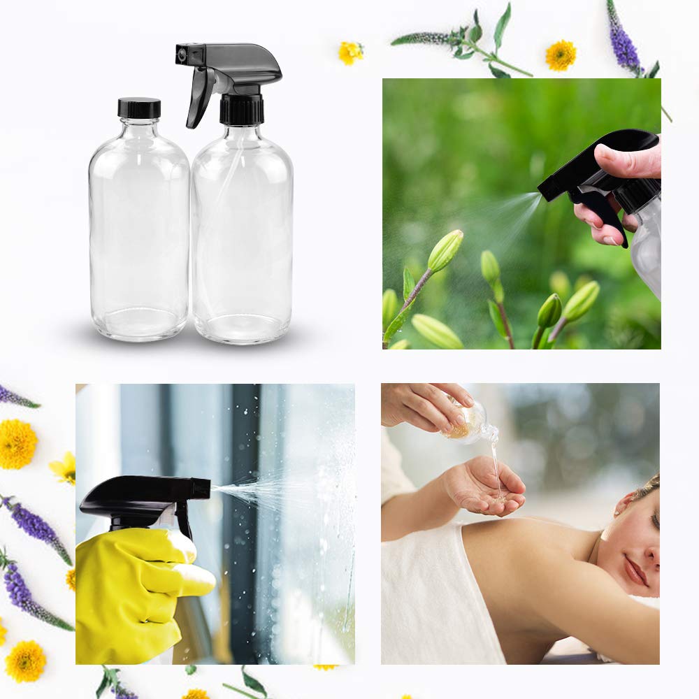 Glass Spray Bottle Kit×10 (2×16 oz, 2×4 oz, 6×2 oz), 9×10 ml Roller Bottles, Anti UV, Multi Size and Versatile, Suitable for Aromatherapy, Facial Moisturizing, Watering, etc.(Clear)