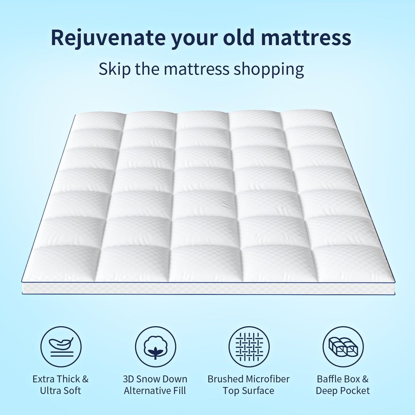 King Mattress Topper Extra Thick Pillowtop Cooling Mattress Topper Plush Mattress Pad Cover Protector with 8-21 Inch Deep Pocket 3D Snow Down Alternative Fill