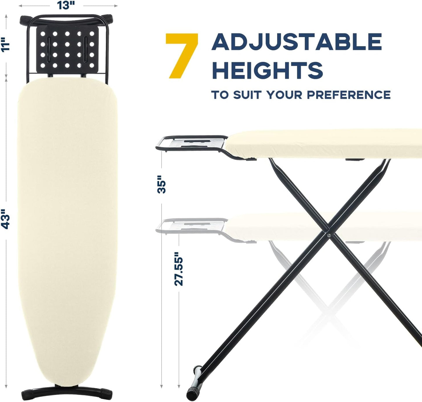Ironing Board Full Size, RAINHOL Compact Iron Board with Iron Rest, Heat Resistant Cover with Ultra Thick Padding, Height Adjustable Heavy Duty for Home, Dorm, 43x13 Ivory