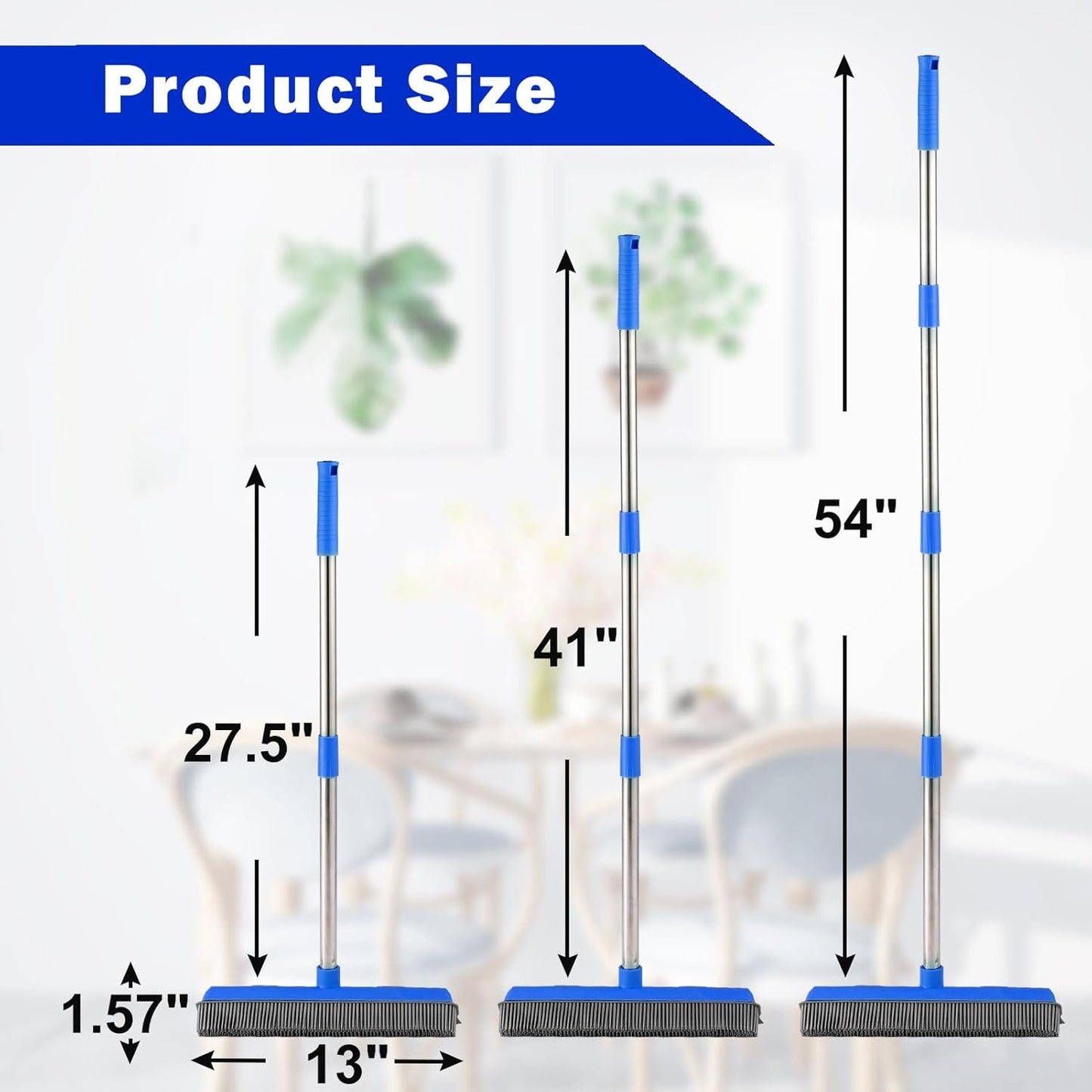 57" Rubber Broom for Pet Hair Removal, 2-in-1 Floor Brush & Squeegee, Extra Long Handle Fur Broom for Carpet, Hardwood, Tile & Windows | Pet Hair Remover with Lint Brush for Home & Auto Cleaning