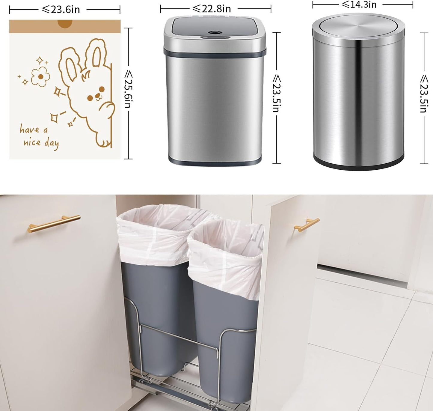 13 Gallon Trash Bags with Cute Rabbit Printed & Drawstring, Tear-Resistant Tall Kitchen Garbage Bags, Heavy-Duty Large Trash Can Liners for Home/Office, 25 Counts