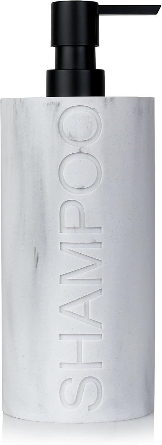 Matte White Shampoo Dispenser Modern Refillable Pump Bottle with Embossed Text, Durable Resin Construction for Bathroom and Kitchen