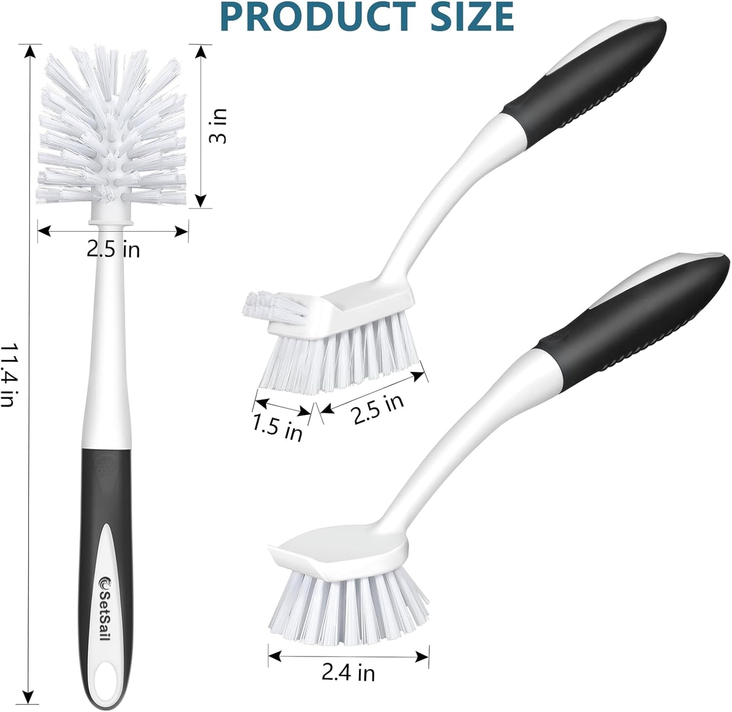 SetSail Dish Brush Set of 3 with Bottle Brush, Dish Scrub Brush with Long Handle Deep Cleaning Handle Brush with Scraper Tip for Kitchen Sink Dishes Bottle Cup Pot and Pans Tile Lines, Black