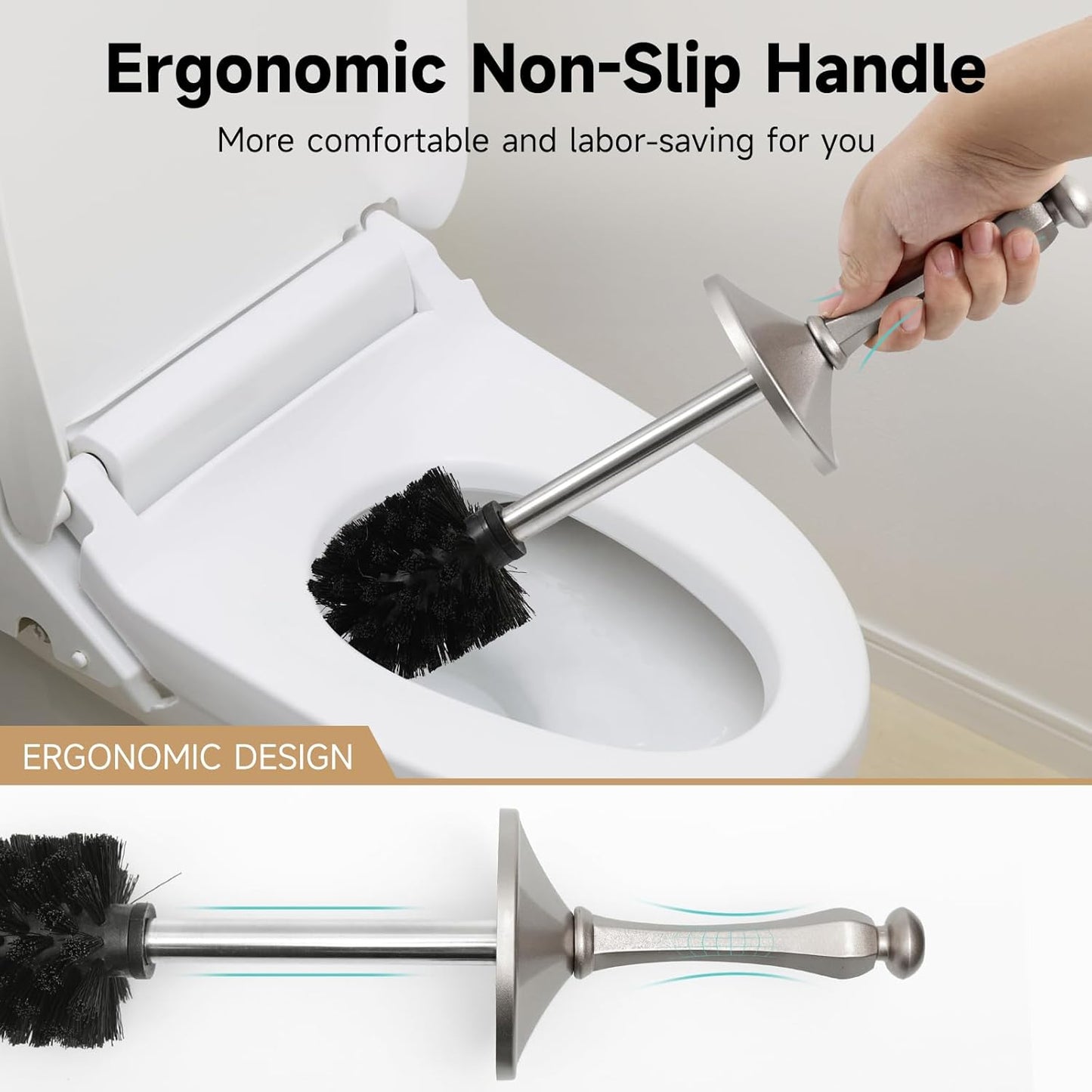 Stain Nickel Toilet Brush and Holder，Extra Long Handled Toilet Brush for Bathroom，Stainless Steel Heavy Duty Toilet Bowl Brush,Deep Cleaning Modern Toilet Cleaner Brush -Space Saving, Covered Brush