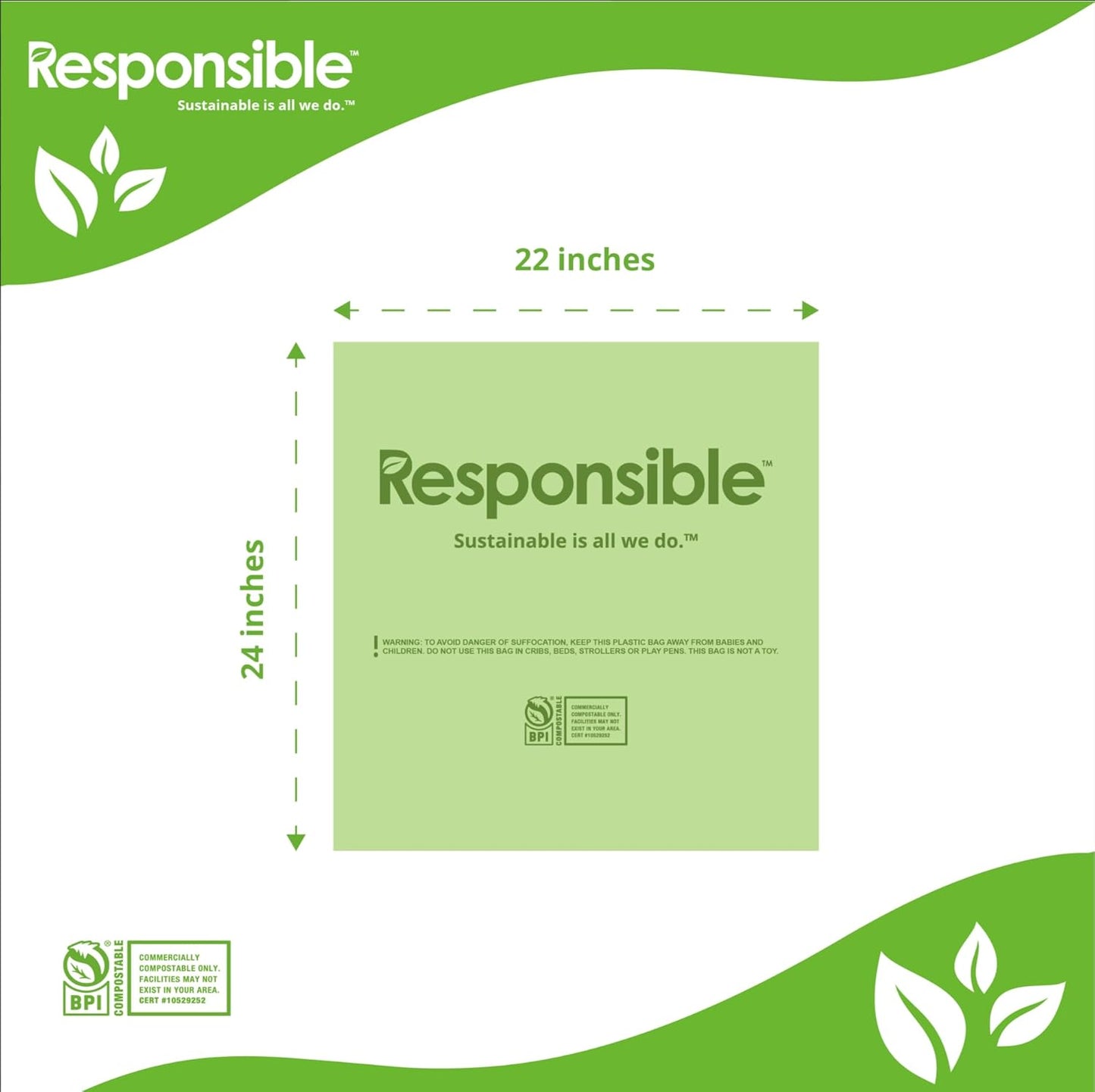 Responsible Products Kitchen Bin Liners, Certified Compostable, Heavy Duty Multipurpose Food Scrap Bags, Made from Compostable Materials (8 Gallon, 8 Gallon (20 Count))