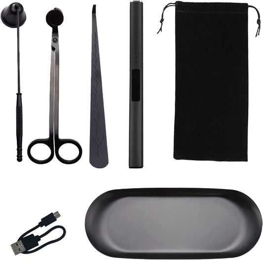 5Pcs Stainless Steel Candle Wick Trimmer Set, Black Candle Wick Trimmer, Candle Wick Dipper, Candle Wick Snuffer and USB Rechargeable Candle Lighter for Candle Lovers(Black)