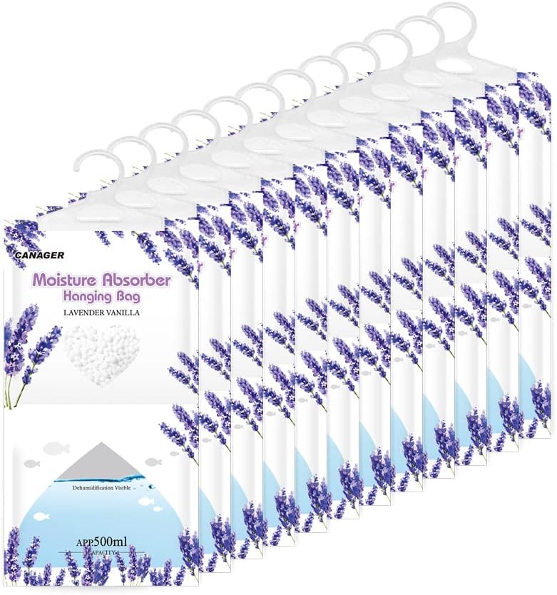 CANAGER Moisture Absorber -12 Pack,Lavender Vanilla Hanging Humidity Bag,Home,Car, and Closet Dehumidifiers and Deodorizers (12.5OZ)