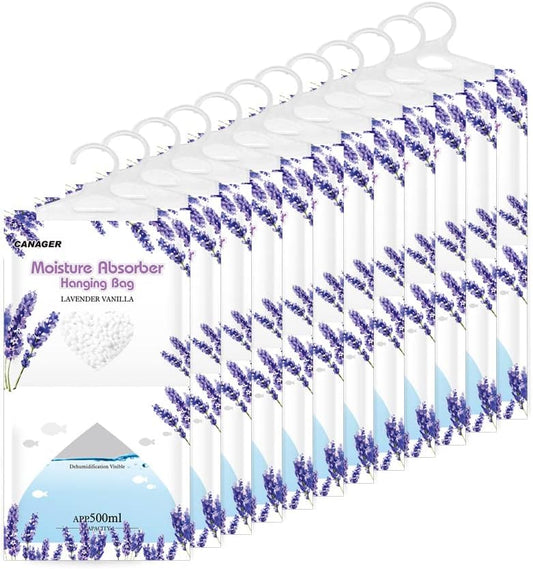 CANAGER Moisture Absorber -12 Pack,Lavender Vanilla Hanging Humidity Bag,Home,Car, and Closet Dehumidifiers and Deodorizers (12.5OZ)