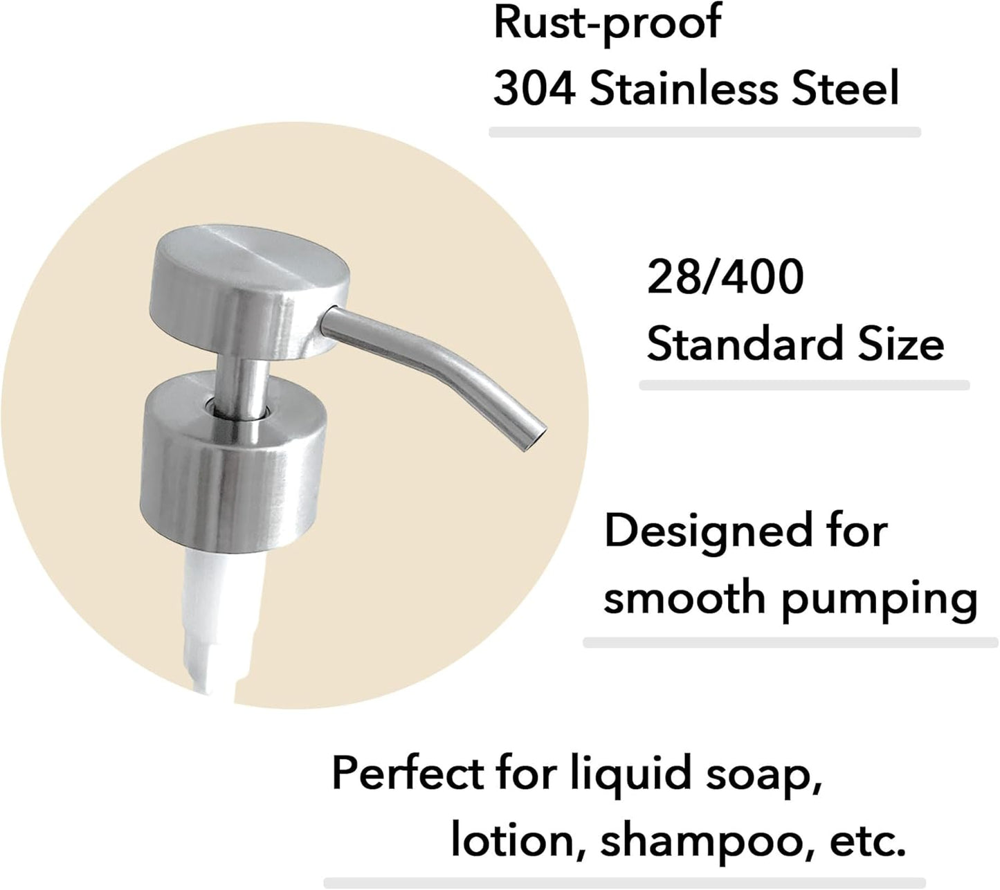 Stainless Steel Soap Dispenser Pump Head Replacement 2 Pack, 28/400 Threads Standard Size, for Bathroom and Kitchen (Stainless Steel)