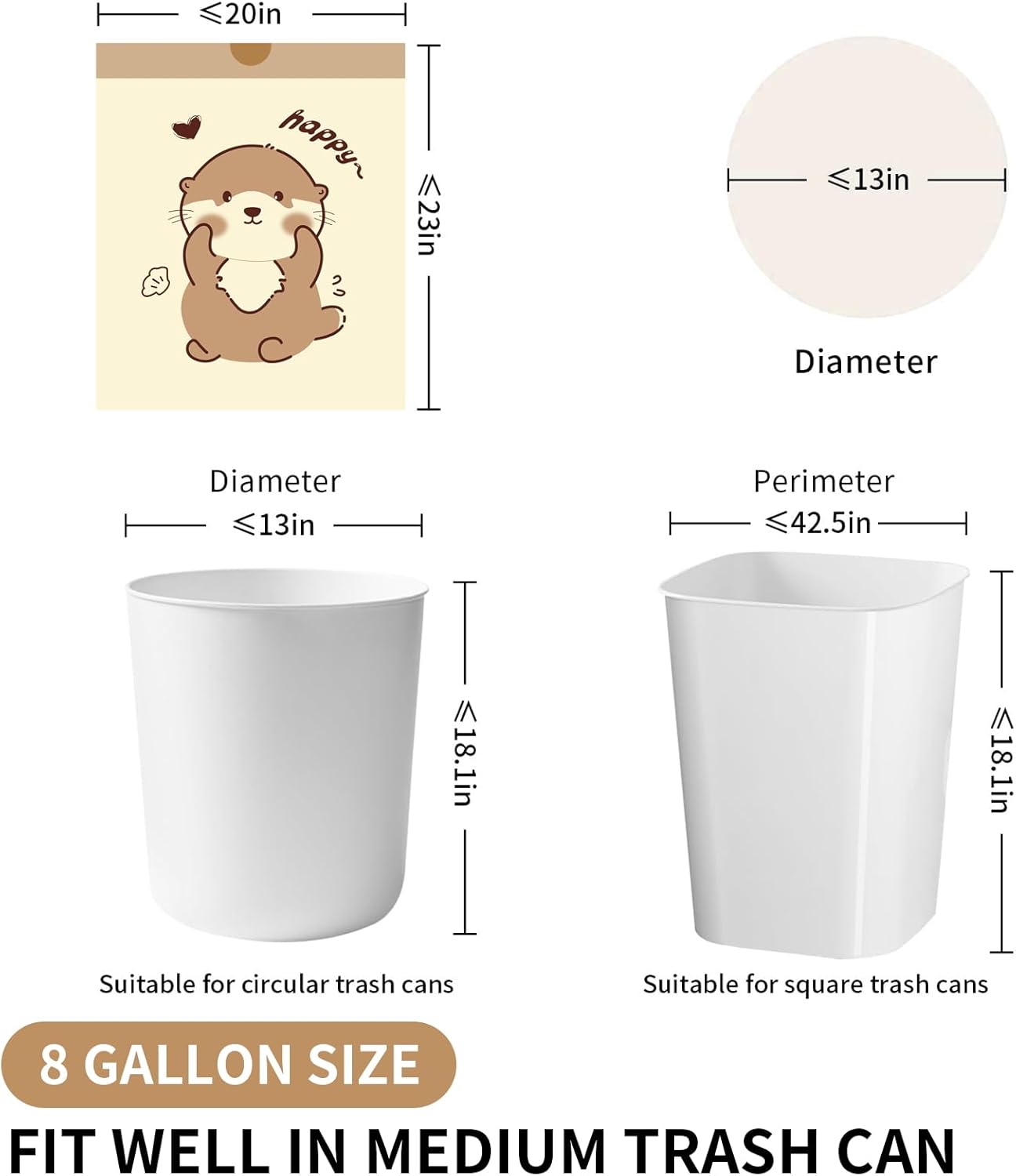 VOK 8 Gallon Trash Bags with Otters Printed, Drawstring Medium Garbage Bags, Tear-Resistant & Odor-Control Kitchen/Bathroom Trash Can Liners, Trash Bags 8 Gallon Drawstring with Secure Tie, 110 Counts