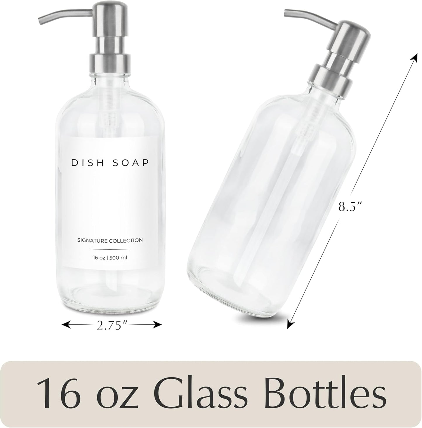 Emerson Essentials Soap Dispenser for Kitchen, Dish Dispenser for Kitchen, Bathroom Hands Set, Glass Bottles with Pump and Labels - 16 Oz, 2 Pack