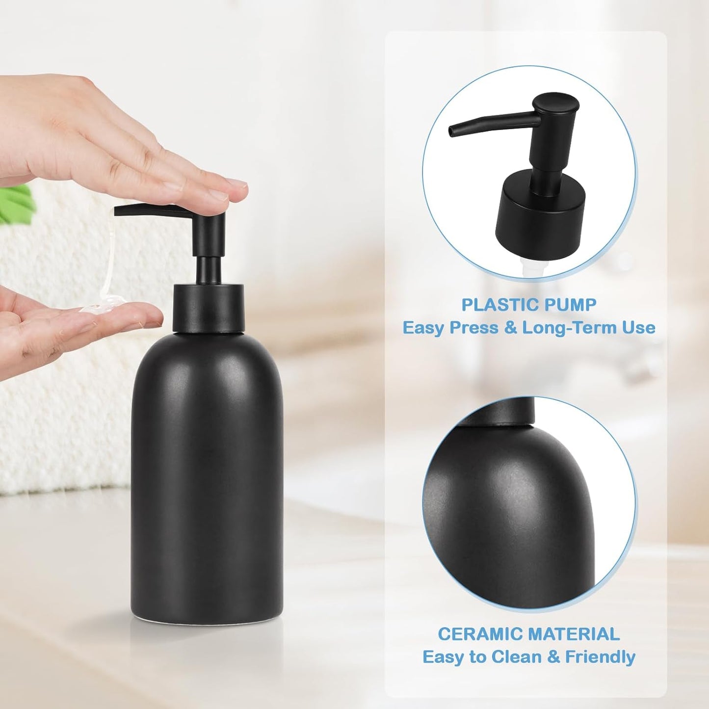 Natheeph 14OZ Ceramic Soap Dispenser Ceramic Soap Pump Dispenser Can Fill Liquid for Bathroom/Kitchen (2PC Black)