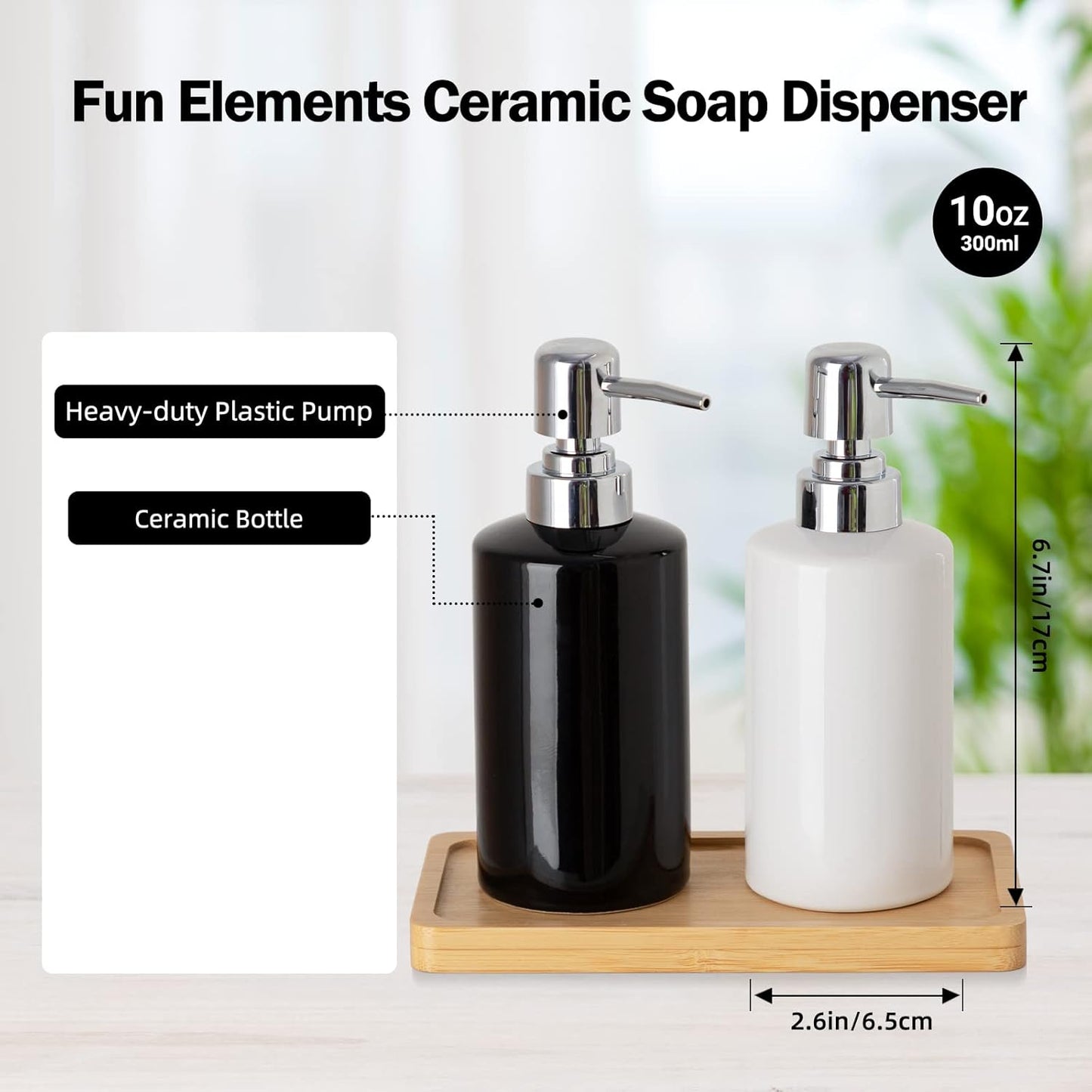 FE Soap Dispenser, 300ml/10oz Ceramic Liquid Soap Pump Dispenser, Refillable Dish Soap Dispenser for Kitchen Bathroom Washroom (White, 2 Pack)