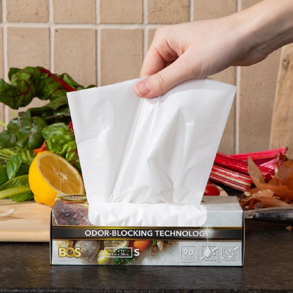 BOS Odor-Sealing Kitchen, Home & Food Small Trash Bags for Waste- Disposable Bags - Scent & Smell Free [Size S, Color White] (90 count, Pack of 2) (180 Bags)★Brand-new packaging!