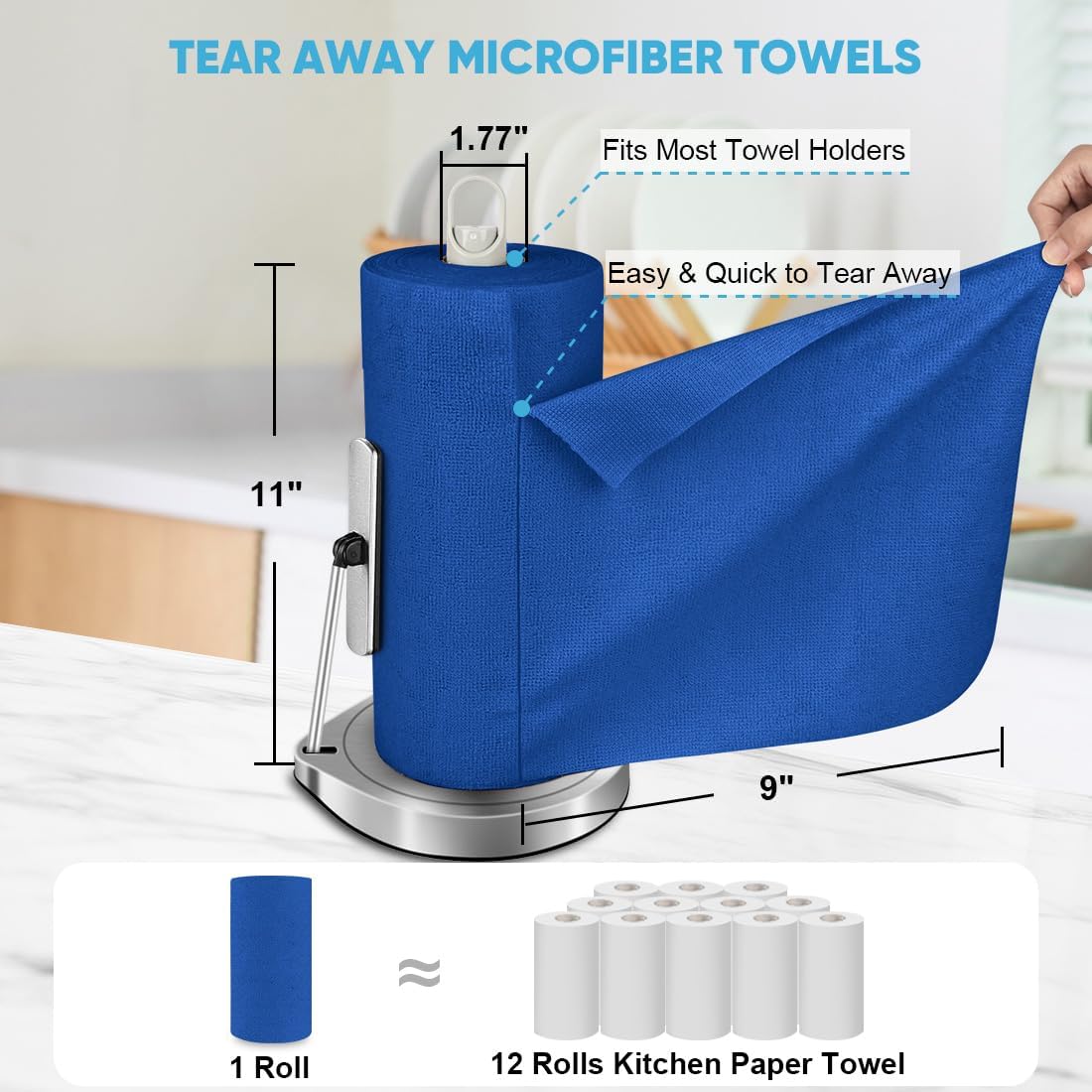 AIDEA Microfiber Cleaning Cloth 165 Sheets 3 Roll, Microfiber Towels for Cars, Shop Rags Washable, Cleaning Rags Reusable Paper Towels for Automotive, House, Cleaning Supplies 11×9" Dark Blue