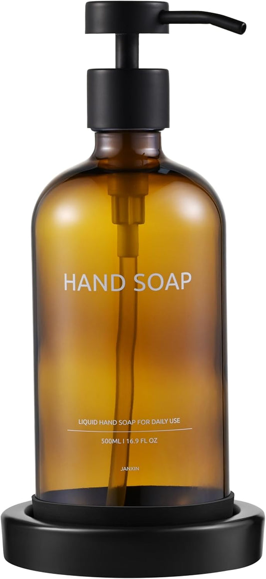 Glass Soap Dispenser Set by Janxin,Bathroom Soap Dispenser Set with Ceramic Tray,Luxury Bathroom Accessories,Modern Kitchen Decor (Amber(Hand Soap))