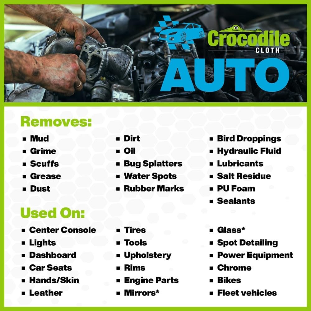 Crocodile Cloth Auto Cleaning Wipes – 100 XL (15" x 10") Disposable Wipes for Car Engine Degreasing, Body Detailing & Tire Cleaning – Cuts Grease, Oil, Adhesives on Hands, Tools, Parts & More