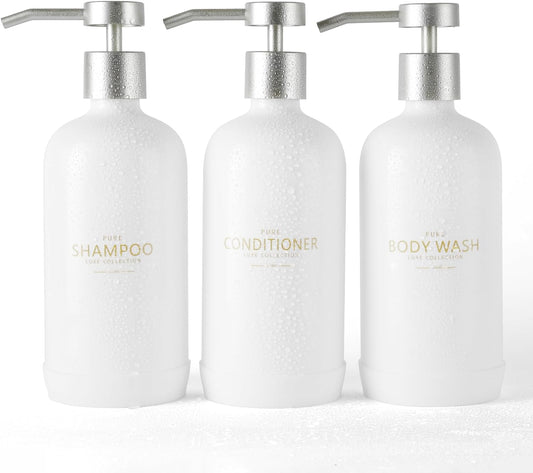 Shampoo and Conditioner Dispenser Set of 3,Refillable 21oz Shampoo Bottles with Non-Slip Protective Silicone Pad,Shower Soap Dispenser with Waterproof Labels for Bathroom (White)