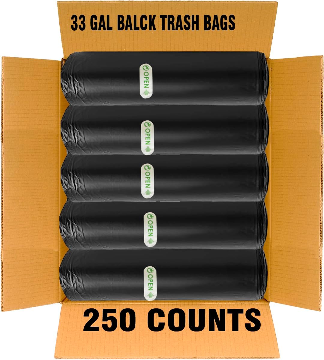 33 Gallon Trash Bags, 250 Count Bulk, Black Garbage bags, Multi-purpose Trash Can Bin Liners for Home Commercial, Outdoor, Construction, Industrial, Janitorial, Municipal, Lawn, Leaf