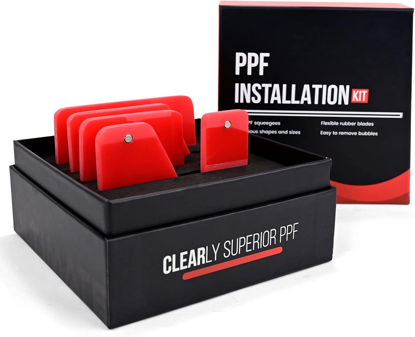 NEWISHTOOL 5 in 1 Magnet PPF Squeegee Kit with Packing Box, Different Sizes 80 Durometer Red TPU Rubber Magnetic Squeegee, Anti-Scratch Design PPF for Car Automotive Glass Window Tinting