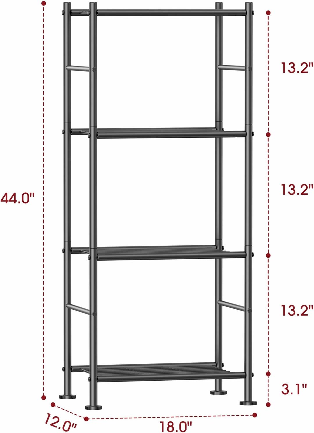 Storage Shelves - 4 Tier Shelf Organizer, Sturdy Metal Garage Shelving with Adjustable Leveling Feet, Space-Saving Shelves Organizer for Pantry, Laundry, Kitchen (18" x 12" x 44", Black)