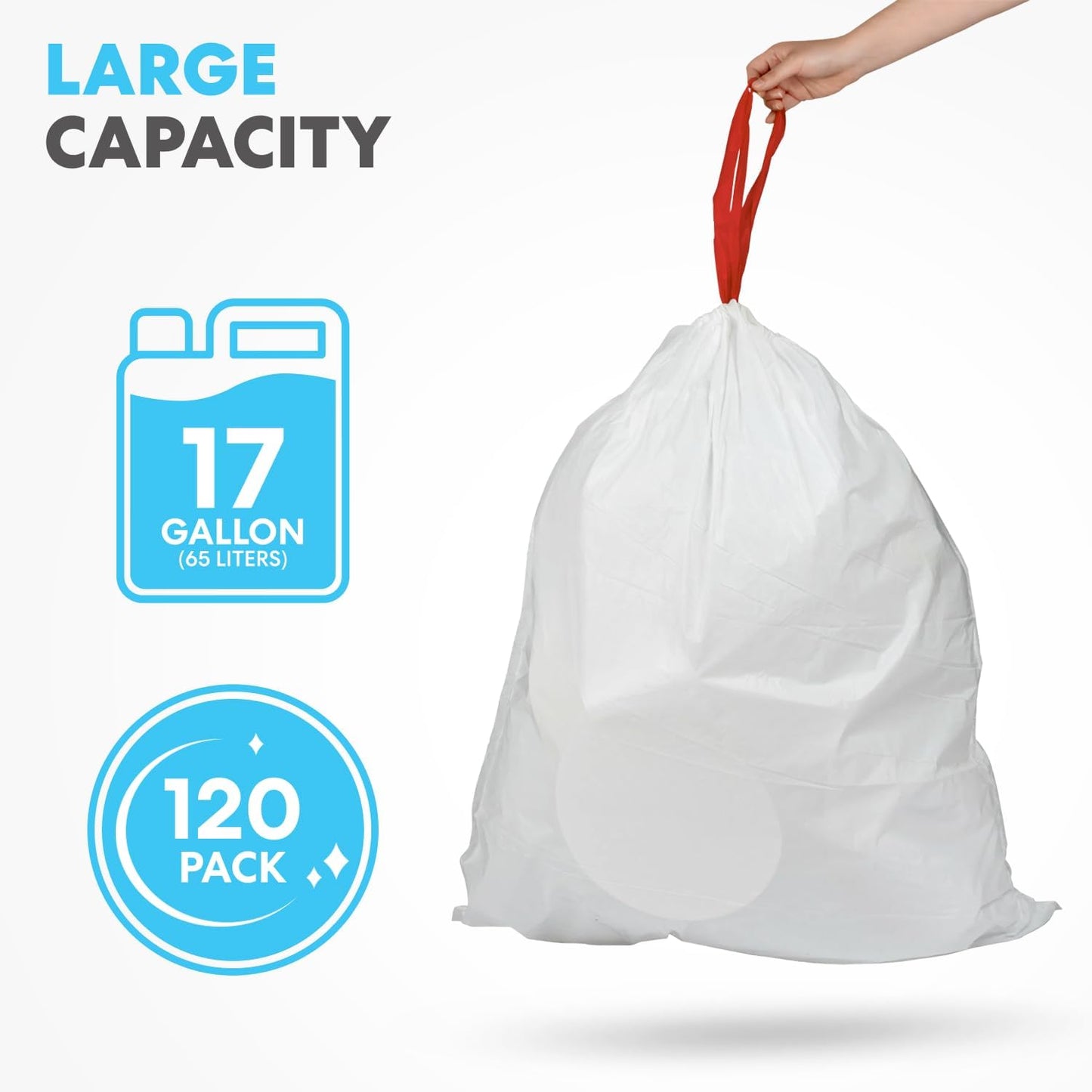 SIMPLI-MAGIC 17 Gallon Drawstring Trash Bags, 120 Pack – Tall Kitchen Garbage Bags, Custom Made with Premium Materials (White)
