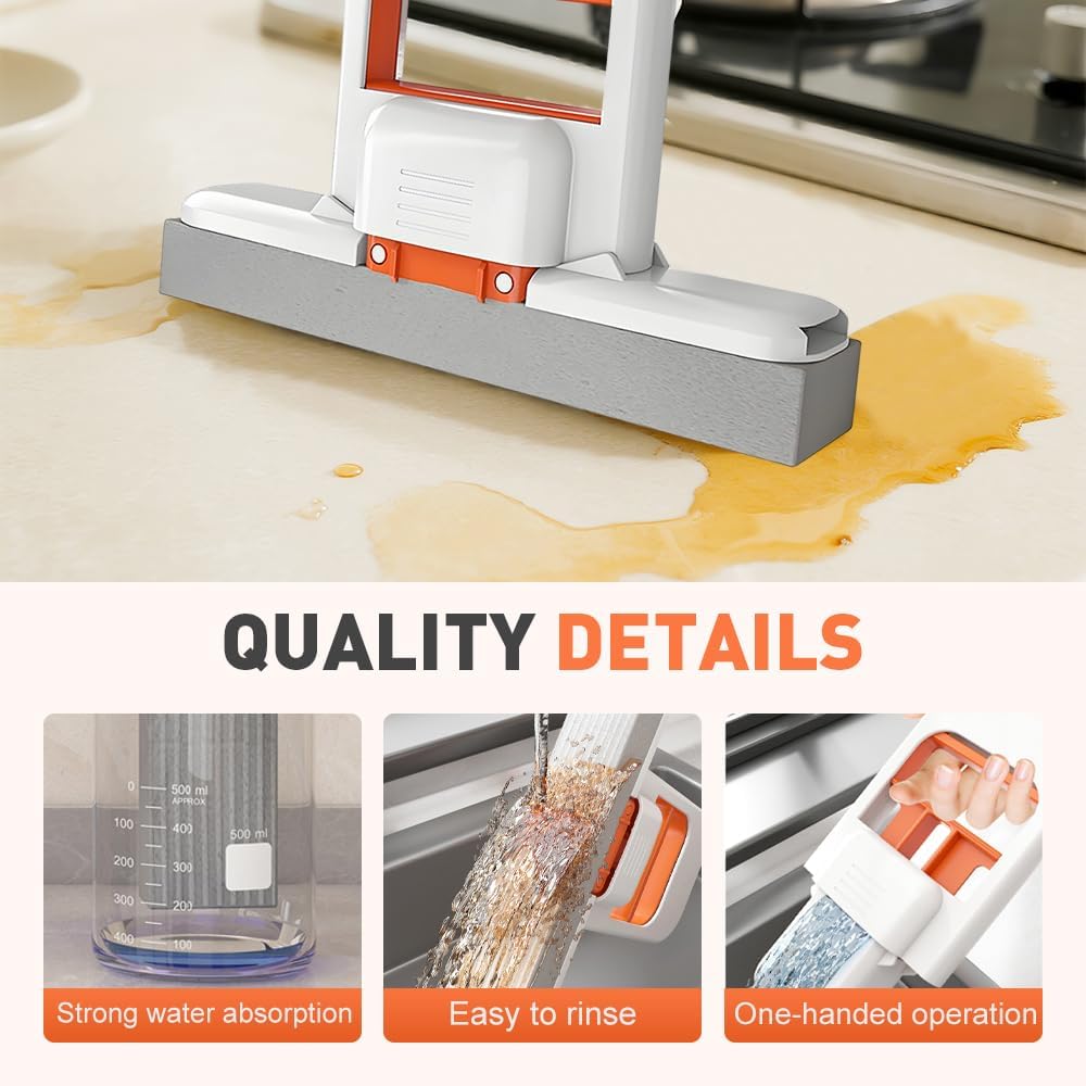 Mini Foldable Desktop Mop, Wet and Dry Portable Cleaning Sponge Mop,Self Squeezing Mini Sponge Mop with One Replaceable Head,for Small Spaces,Bathroom,Kitchen,Glass (Black/2pcs)