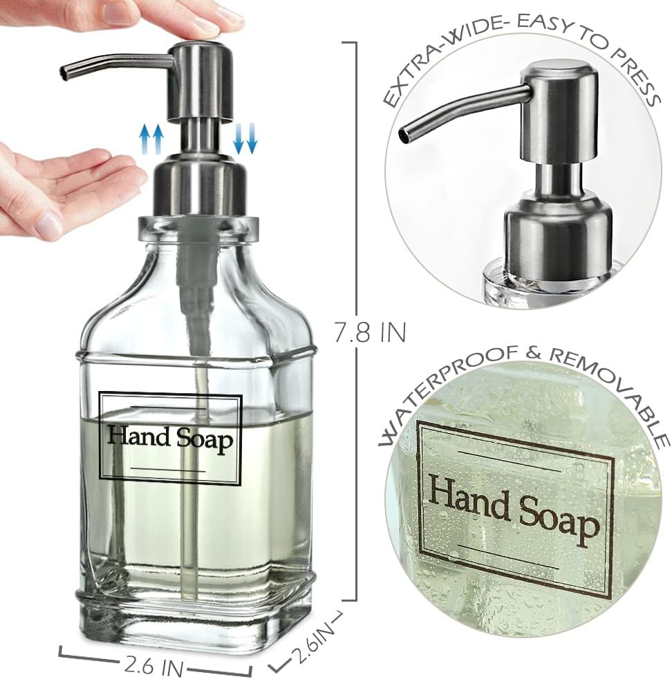 JASAI Antique Design Soap Dispenser with Rust Proof 304 Stainless Steel Pump, Refillable Clear Glass soap Dispenser with 10Pcs Clear Stickers, Premium Kitchen & Bathroom Soap Dispenser