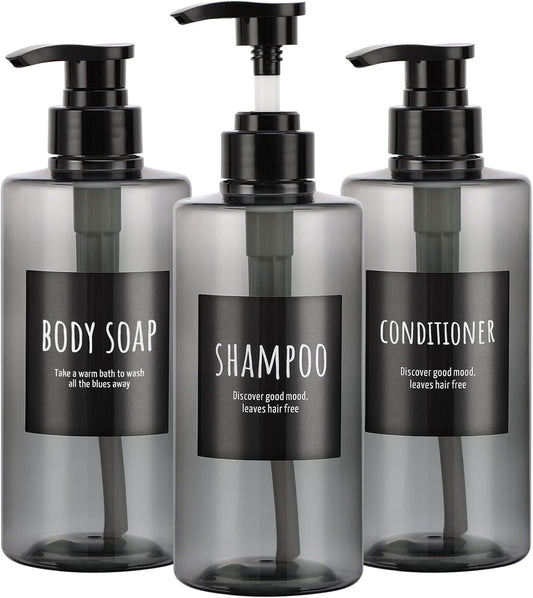 Refillable Shampoo Bottles, Segbeauty 16.9oz Shampoo Dispenser, 3pcs 500ml Empty Plastic Pump Bottle for Shower, Labeled Grey Large PET Lotion Dispenser with Pump Body Soap Conditioner Hotel Bathroom
