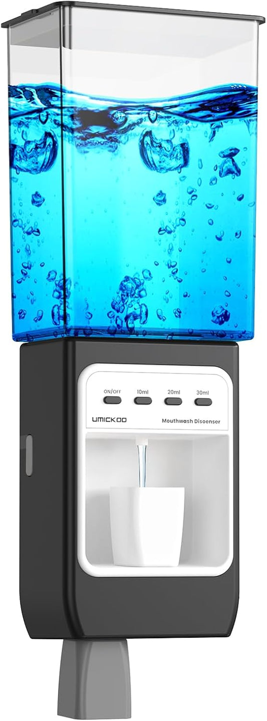 Auto-Mouthwash Dispenser for Bathroom - 700mL Rechargeable Wall-Mounted with 2 Magnetic Cups, 3 Smart Levels, No-Drill Installation for Kids & Adults (12-Month Battery)