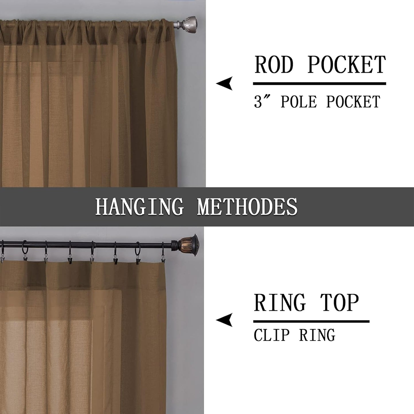 Tollpiz Short Sheer Tier Curtains Linen Textured Half Kitchen Curtain Sheers Light Filtering Rod Pocket Voile Small Curtain for Bathroom, 25 x 24 inches Long, Brown, Set of 2 Panels