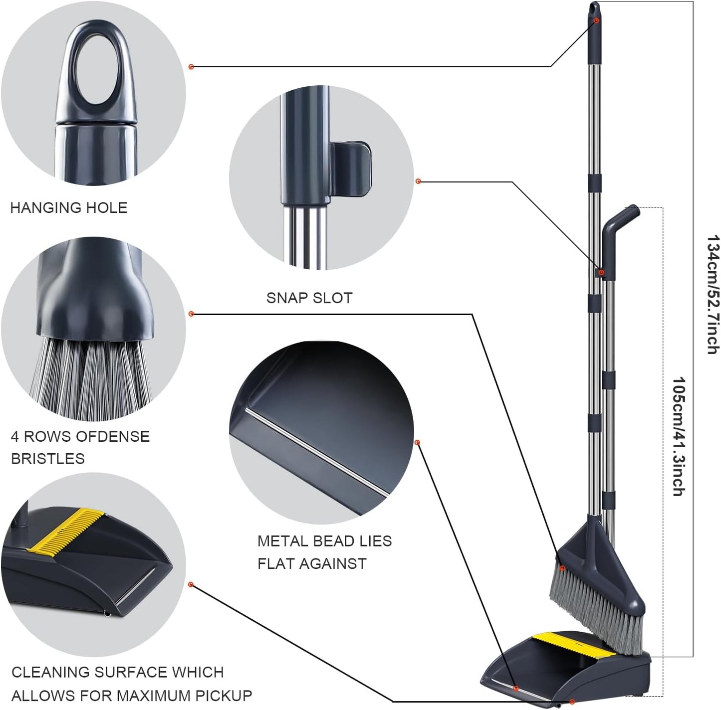 MOPUP Broom and Dustpan Set, 52 inch Long Adjustable Handle Broom with Dustpan Teeth to Self-Cleaning Clean Hair Suitable for Home Kitchen Office