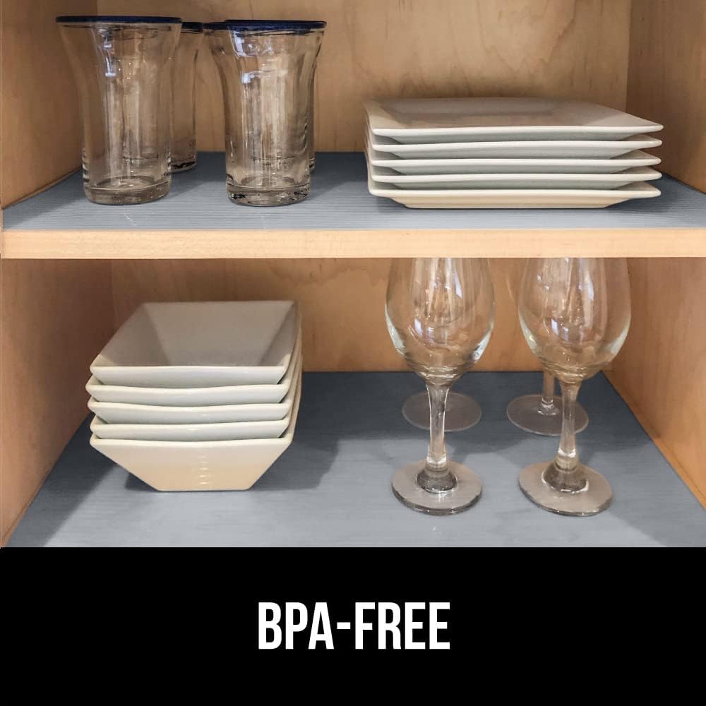 GORILLA GRIP DuraGuard Shelf Liner, Non-Adhesive Cabinet Liners for Kitchen Drawers, Shelves, Refrigerator, Pantry Storage, Bathroom Closet, Durable Waterproof BPA Free Ribbed Plastic, 20x10 Gray