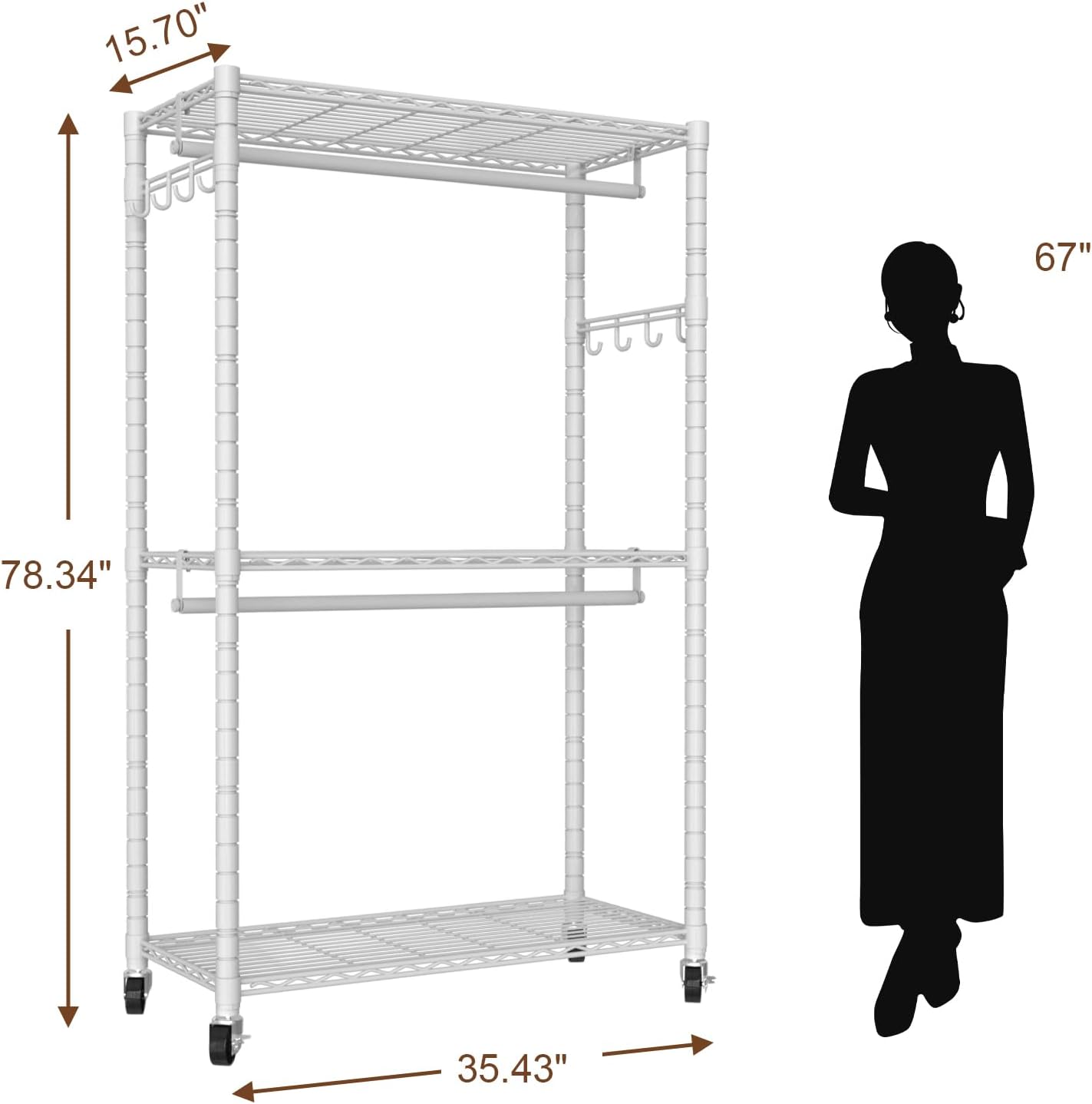 Clothes Rack, Clothing Rack for Hanging Clothes, 3 Tiers Adjustable Heavy Duty Closet Organizer with Wheels | Double Rods | Side Hooks | Load 445lbs | 35.43" L x 15.7" W x 78.34" H | White