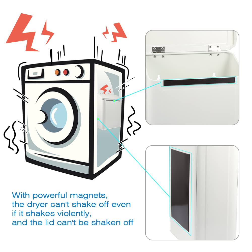 Picowe Magnetic Laundry Storage, Large Metal Lint Holder Bin with Lid for Laundry Room, Space-Saving Trash Container Hanging on Dryer, Washer or Wall Mount Trash Bin (White)