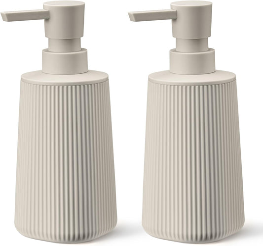Beige 2 Pack Hand Soap Dispensers with No Rust Pump for Bathroom and Kitchen Countertops Refillable Striped Matte Plastic 8.5 oz