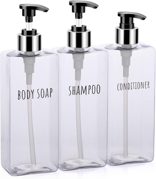 Segbeauty 3pcs Clear Soap Dispenser, 16.9oz Refillable Shampoo Conditioner Bottles, 500ml Empty Plastic Square Body Wash Dispenser for Shower Bathroom Press Pump Bottle Liquid Container Set