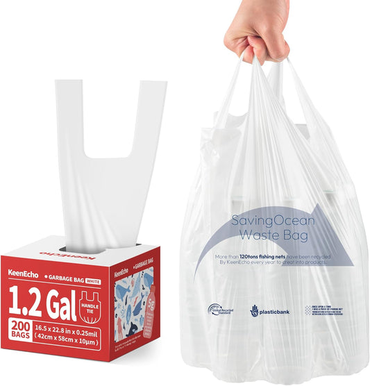 Small Trash Bags with Handles 1.2 Gallon 200 Count White - Ocean Plastic Upcycling - Plastic Garbage Bags, Can Bin & Waste Basket Liner for Kitchen, Bathroom, Office and Pets