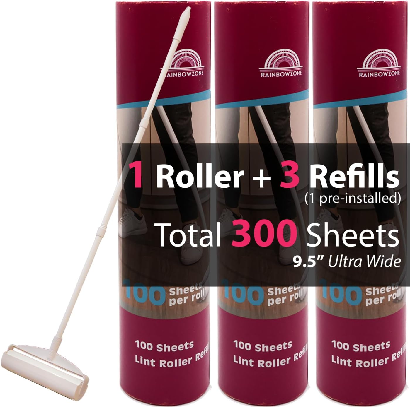 RainbowZone Large Lint Rollers plus 3 Rolls 9.5'' Extra Wide Total 300 sheets Giant Lint Roller Refills with 3 Extendable Long Handle for Pet Hair Removal and Household Cleaning (1 Roller + 3 Refills)