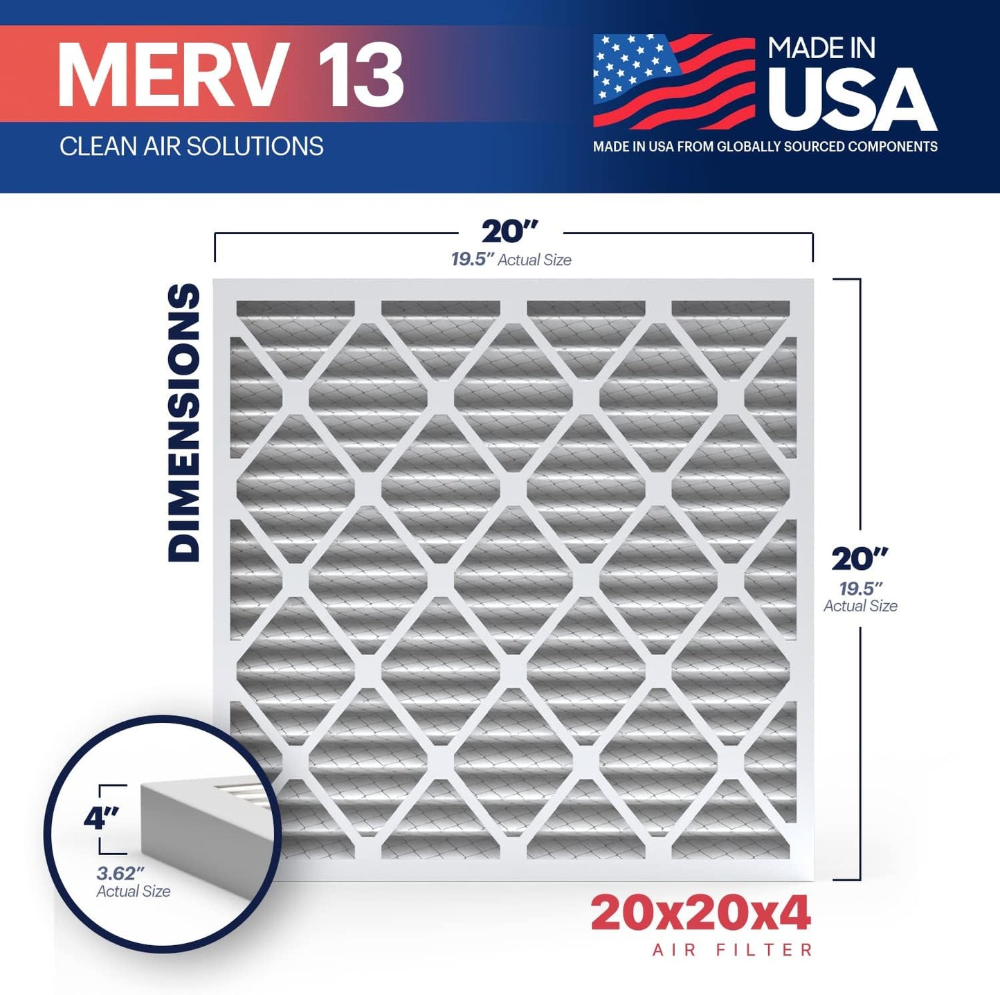 BNX TruFilter 20x20x4 (19.5’’ x 19.5’’ x 3.63‘’ Slim Fit) MERV 13 Air Filter (2-Pack) - MADE IN USA - Air Conditioner HVAC AC Furnace Filters Health, Allergies, Mold, Bacteria, Smoke, MPR 1900 FPR 10