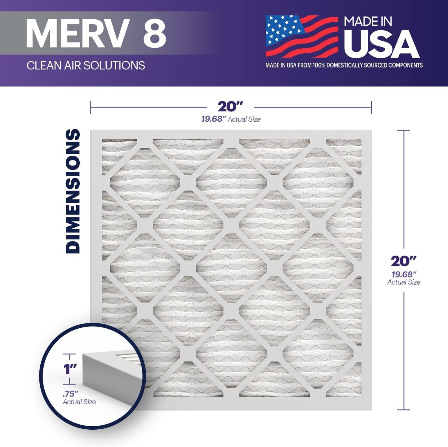 BNX TruFilter 20x20x1 Air Filter MERV 8 (6-Pack) - MADE IN USA – Dust & Pet Defense Electrostatic Pleated Air Conditioner HVAC AC Furnace Filters for Dust, Pet, Mold, Pollen MPR 600 – 700 & FPR 5